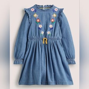 MINI BODEN Floral Tie Waist Dress - Dark Vintage Denim- Size 9-10Y